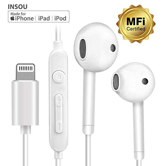INSOU MFi Certified Lightning Earbuds Wired Earphones in-Ear Headphones, in-Ear Headsets with Mic and Remote Control, Compatible with iPhone X/XS/XS MAX/XR/8/8P/7/7P/iPad Pro/iPad Air/iPad Mini/iPod