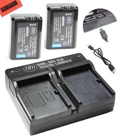 2-Pack Of NP-FW50 Batteries & Dual Battery Charger for SonyDSC-RX10/B, DSC-RX10 II, DSC-RX10 III, Alpha A6300, Alpha 7, A7R, A7R II, A7S, A7S II, A7II, A3000, A5000, A5100, A6000, NEX-3, NEX-C3, NEX-F3K, NEX5, NEX5K, NEX5N, NEX5T, NEX6, NEX7, SLT-A33, SLT-A35, SLT-A37, SLT-A55, ILCE-QX1 Digital Camera