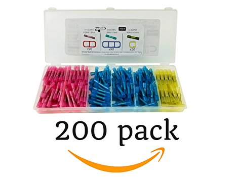 200 Pack Heat Shrink Butt Connectors - The Handy Kit - 90 Red, 90 Blue, 20 Yellow | 10-22 AWG, splice, solderless terminal, crimp, cable repair, automotive, car audio, home audio
