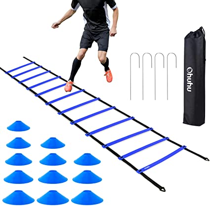 Ohuhu Speed Agility Ladder Training Set - 12 Rung 20ft Agility Ladder and 12 Field Cones,4 Steel Stakes & Carrying Bag,Yellow/Blue