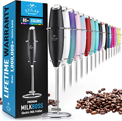 Zulay Original Milk Frother Handheld Foam Maker for Lattes - Whisk Drink Mixer for Coffee, Mini Foamer for Cappuccino, Frappe, Matcha, Hot Chocolate by Milk Boss - (Black)