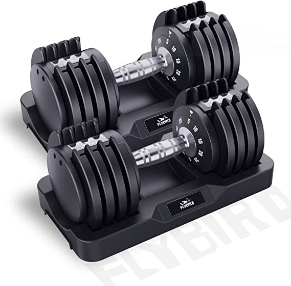 FLYBIRD Adjustable Dumbbell,25LBx2 Dumbbell Set for Men and Women with Anti-Slip Metal Handle,Fast Adjust Weight by Turning Handle,Black Dumbbell with Tray Suitable for Full Body Workout Fitness