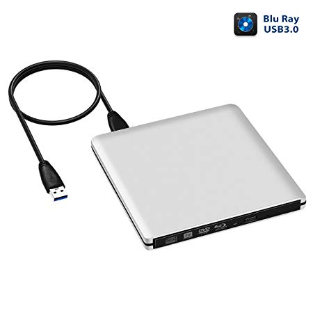 4K Blu Ray Drive, TOPELEK USB3.0 External CD/DVD Burner/Writer, 3D 6X Blu-Ray Disc Playback, Portable BD/CD/DVD Burner Drive with Polished Metal Chrome for Mac, Windows 10, Laptop, PC, Silvery