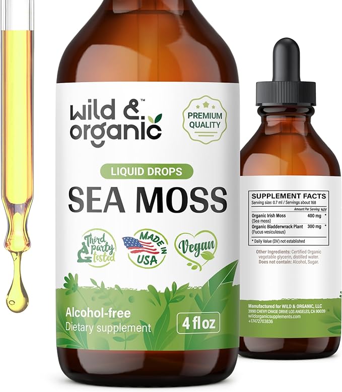 Sea Moss - Organic Sea Moss Liquid Drops - Irish Sea Moss Supplement - Seamoss Bladderwrack Tincture - Vegan, Alcohol Free Liquid Extract for Men & Women - Natural, Non-GMO Superfood - 4 fl. oz.