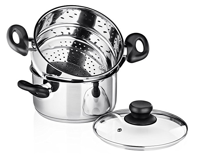 Chefs Star 3 Piece Stainless Steel Stack And Steam Pot Set - 2 Quart Steamer And 3 Quart Saucepot Set With Lid And Pots