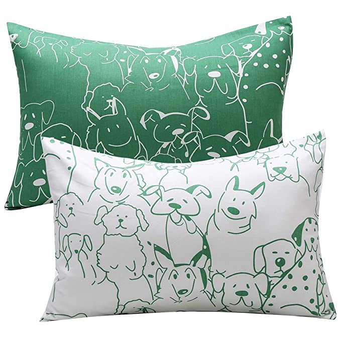 Kids Toddler Pillowcases UOMNY 2 Pack 100% Cotton Pillow Cover Pillowslip Case Fits Pillows sizesd 13 x 18" or 12x 16" for Kids Bedding Pillow Cover Baby Pillow Cases Dog Kids' Pillowcases Green