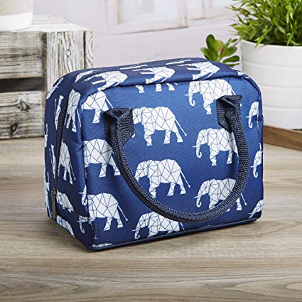 Fit & Fresh Anastasia Insulated Lunch Bag for Adults and Kids, Dual Rolled Handles and Zippered Closure, Navy Geo Elephants