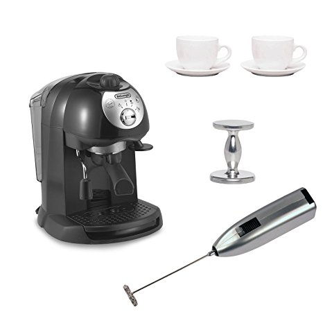 DeLonghi BAR32 Retro 15 BAR Pump Espresso and Cappuccino Maker with Espresso Tamper, Two 3 oz Ceramic Tiara Espresso Cups and Saucers, and Knox Handheld Milk Frother