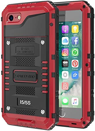 iPhone 5S Waterproof Case, Seacosmo Full Body Protective Shell with Built-in Screen Protector Military Grade Rugged Heavy Duty Cover for iPhone 5 / 5S / SE, Red