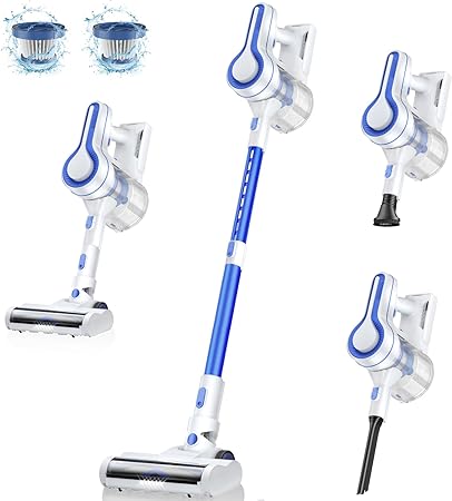 EICOBOT Cordless Vacuum Cleaner, 23Kpa Powerful Suction Lightweight Stick Vacuum Cleaner with Detachable Battery Up to 35 Mins Runtime,6 in 1 Handheld Vacuum for Hard Floor Carpet Pet Hair Blue White