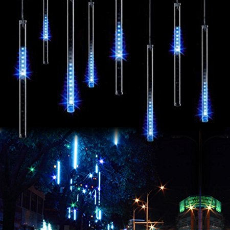 EShing Waterproof LED Falling Rain Lights with 30cm 11.8inch 8 Tube 144 LEDs, Meteor Shower Light, Falling Rain Drop Christmas Lights, Icicle String Lights for Trees Parties Wedding Garden House Decoration (Blue)