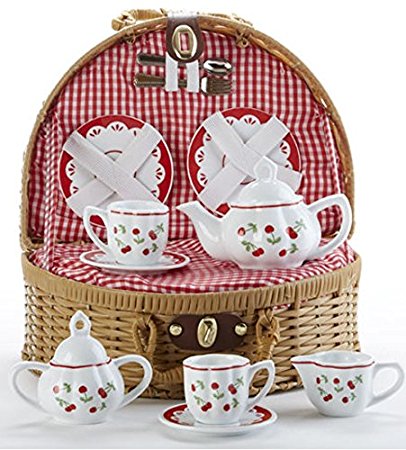 Child's Porcelain Tea Set in Wicker Basket, Real Pouring Teapot, "Red Cherries"