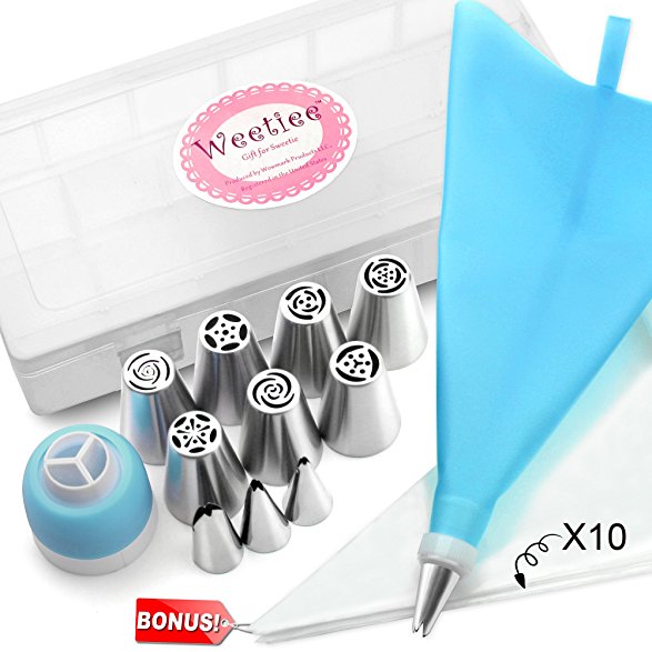 Cake Decorating Tips Kits with Storage Case, Weetiee 24PCS Russian Piping Tips Set with 11 Icing Tips, 1 Reusable Silicone Pastry Bag, 2 Couplers, 10 Disposable Pastry Bags Cake Decorating Supplies