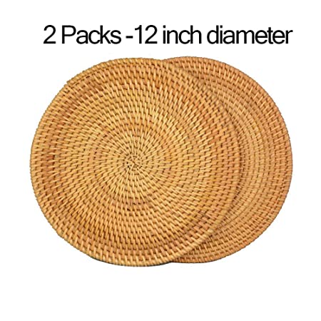 12" Round Rattan Placemats-Insulated Hot Pads,Durable Pot holder for Table, Pots, Pans & Teapots,Natural Wooden Heat Resistant Mats for Kitchen,Set of 2 Pieces