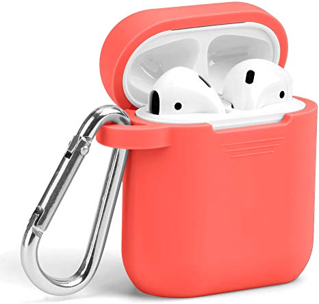 AirPods Case, GMYLE Silicone Protective Shockproof Wireless Charging Airpods Earbuds Case Cover Skin with Keychain Accessory kit Set Compatible for Apple AirPods 1 & 2 - Coral