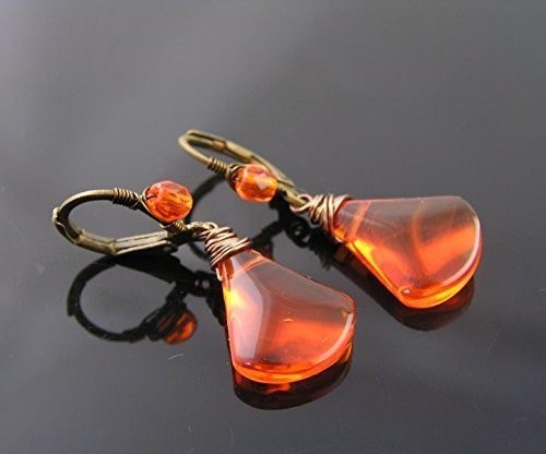Wire Wrapped Bright Orange Glass Drop Earrings