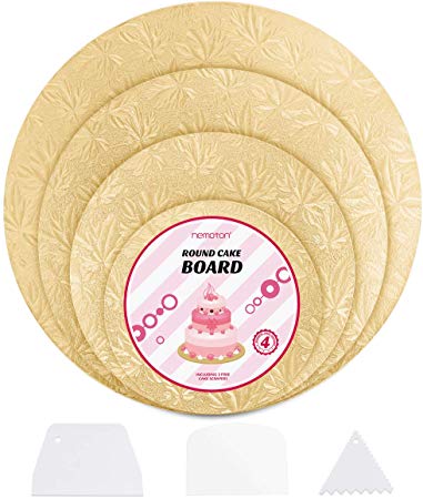 Hemoton 4Pcs Reusable Thicker Cake Cardboards with Embossed Foil Wrapping and 3 Scrapers for Cake Decoration Wedding Birthday Party 12" 10" 8" 6" (Gold)