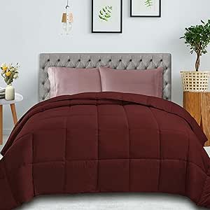 SUPERIOR Classic All-Season Reversible Comforter, Comfy, Fluffy, Cozy, Decorative, Duvet Insert, Plush, Oversized Bedding Essential, Box Quilt Design, 4 Corner Loops, Twin XL, Burgundy Red