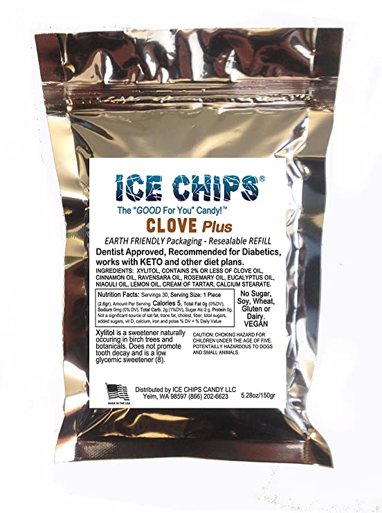 ICE CHIPS Xylitol Candy in Large 5.28 oz Resealable Pouch; Low Carb & Gluten Free (Clove Plus)