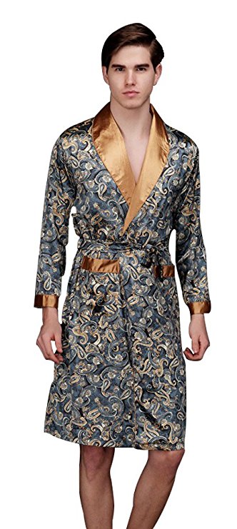 Men’s Shawl Collar Kimono Dragon Print Satin Robe bathrobe/sleepwear/ Pajama