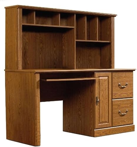 Pemberly Row Home Office Computer Wood Desk with Hutch, Drawers in Carolina Oak