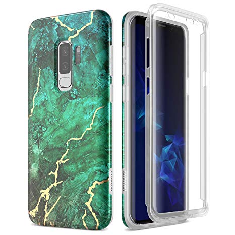 Suritch Samsung Galaxy S9 Plus Marble Case, [Built-in Screen Protector] Full-Body Protection Hard PC Bumper   Glossy Soft TPU Rubber Gel Shockproof Cover for Galaxy S9 Plus 6.2 Inch (Green/Gold)