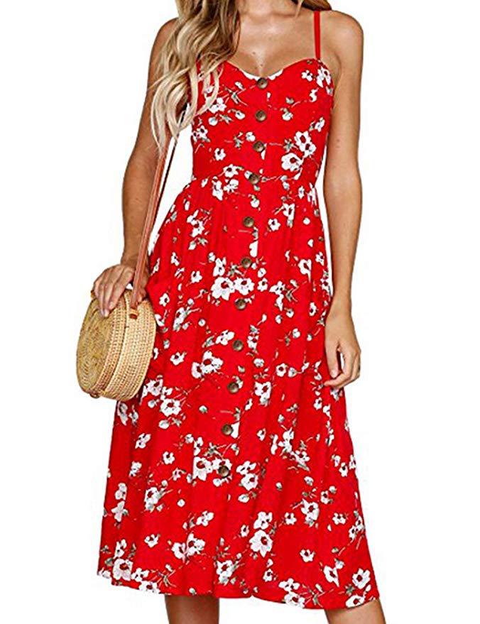 Women’s Spaghetti Strap Dress - Holiday Midi Button Decoration Knee Length Printed Floral Swing Boho Dresses