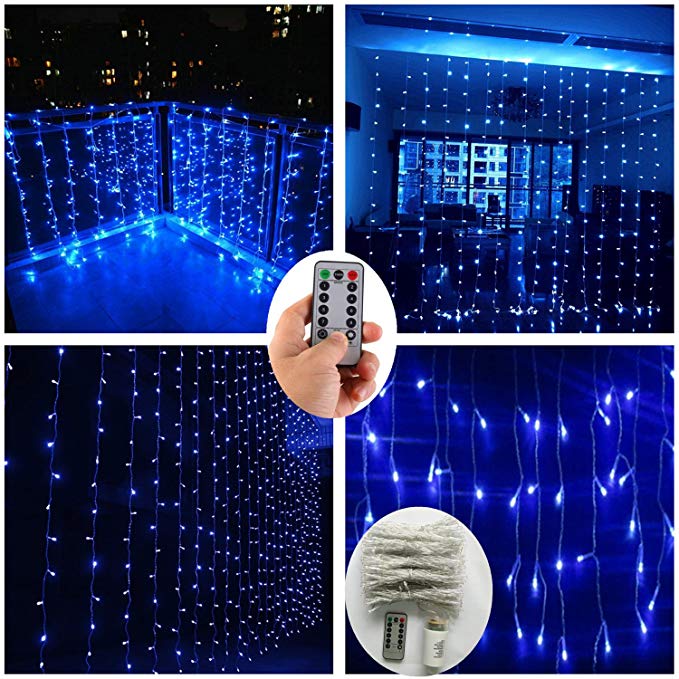 Blue Curtain String Lights with Remote,Battery Operated,300 LED 9.8ft Icicle Window Background Fairy Lights Decoration Icicle Twinkle Lights for Weddings Party Bedroom Kitchen Living Room Patio Garden