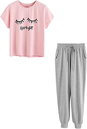 DIDK Women's Cartoon Print Top and Polka Dots Pants Pajama Set