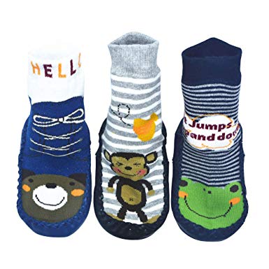 BOMPOW Baby Slipper Socks Toddler Kids Anti-slip Floor Socks for 0-24 Months Old Baby 3 Pack