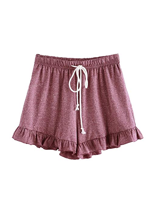 DIDK Women's Plain Ruffle Hem Pajama Shorts Burgundy