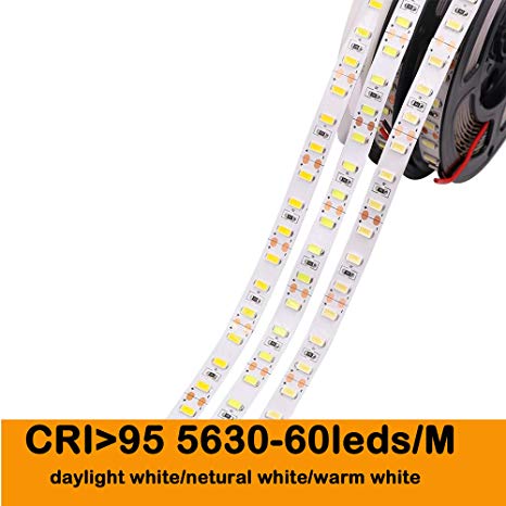 MARSWALL LED Strip CRI95 SMD5630 16.4Ft(5M) 300LEDs 60LEDs/M DC12V 10mm White PCB Flexible Ribbon Strip with Adhesive Tape Non-Waterproof (Daylight White 5600K)