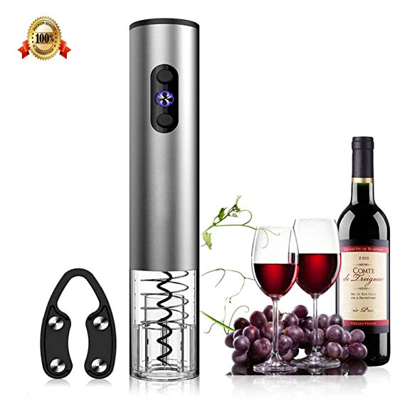 Electronic Wine Opener with Foil Cutter Corkscrew Wine Bottle Opener Stainless Steel Cordless Rechargeable Automatic Red Wine Openers Cork Easy Remover Tool Battery Operated Metallic Finish -Silver