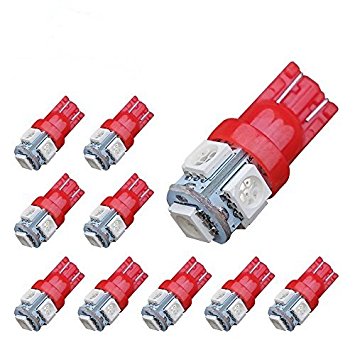 YITAMOTOR 10 PCS T10 Wedge 5-SMD 5050 Red LED Light bulbs W5W 2825 158 192 168 194