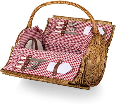 PICNIC TIME Barrel Wicker Picnic Basket with Service for Two, Red/White Gingham