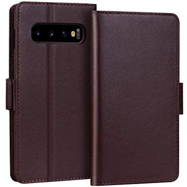 FYY Luxury [Cowhide Genuine Leather][RFID Blocking] Handcrafted Wallet Case for Galaxy S10, Handmade Flip Folio Case with [Kickstand Function] and [Card Slots] for Galaxy S10 (6.1") Brown