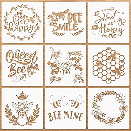 9 Pieces Bee Stencils Honeycomb Stencils Reusable Art Painting Template for Paint Craft Wall DIY Fabric Floor Home Decor Wood Signs