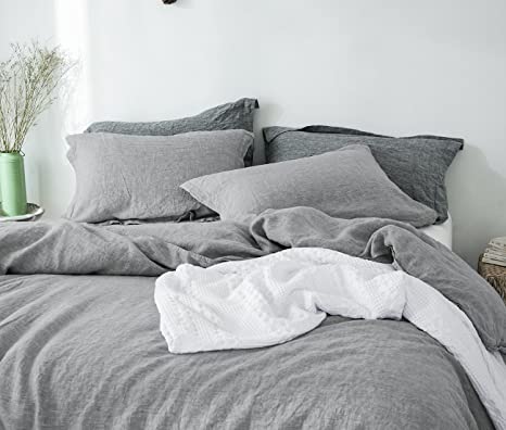 PHF Washed French Linen Duvet Cover Set Queen Size Soft Solid Basic Style Home Decorations for Winter Light Grey