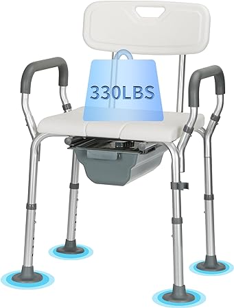REAQER 4 in 1 Shower Chair with Back and Detachable Arms 330 lbs, Medical Bedside Commode, Adjustable Raised Toilet Seat with Non-Slip Rubber Tips for Seniors, Handicap,Disabled and Pregnant