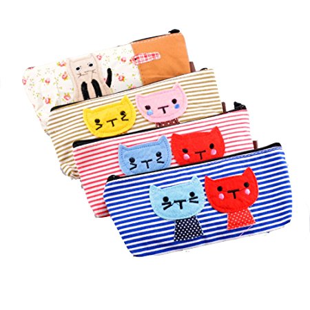 Set of 4,ilyever Large Capacity Pencil Case Cute Cat Canvas Cosmetic Pencil Holder Pouch Students Stationery