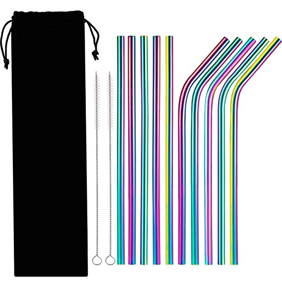 10 Pieces Reusable Metal Drinking Straws, Stainless Steel Straws with 2 Pack Cleaning Brushes, Bent and Straight Straws (Rainbow)