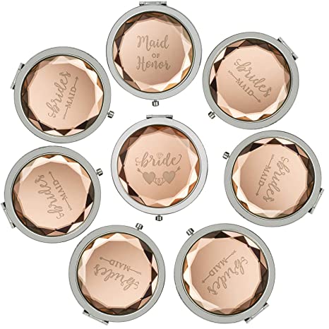 Compact Mirrors,Wedding Gifts for Bride,1 Bride 1 Maid of Honor 6 Bridesmaid Makeup Mirrors and 8 Gift Bags for Bachelorette Party Gifts for Bride,Party Bridesmaid Proposal Gifts (Champagne)