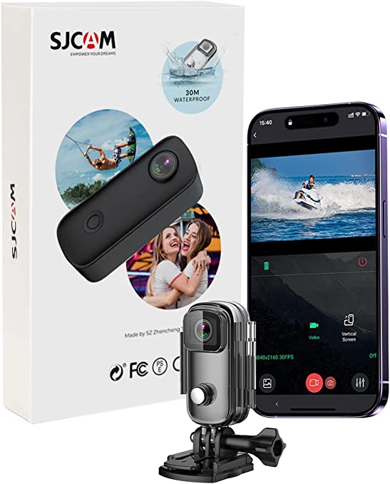 SJCAM SJ C100  Small Action Pocket Camera Wearable, 4K30fps WiFi Camera, APP Control, Underwater 98FT Waterproof,Magnetic, Helmet Camera with Mount Kits, 32G SD Card,1 oz, 2.4 * 1 * 0.6(inch) (Black)