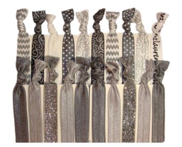 Hair Ties Ponytail Holders - 20 Pack "Silver Glitter Chevron Polka Dot" No Crease Ouchless Elastic Styling Accessories Pony Tail Holder Ribbon Bands - By Kenz Laurenz