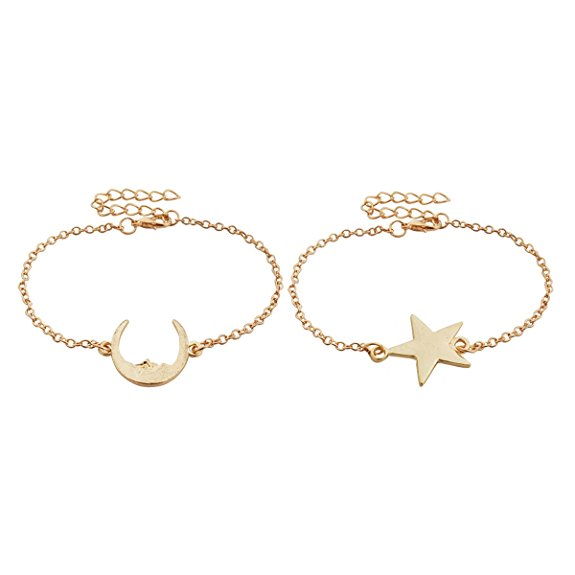 Jane Stone Women Moon Star Couple Relationship Bracelets Fashion Friendship Bangle 2 Pcs Gold Tone