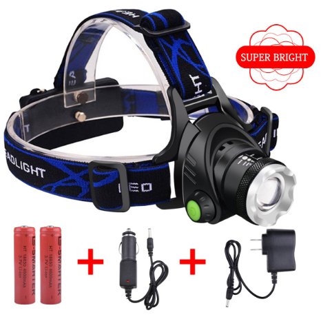 LED Headlamp, VCOO Super Bright LED Head Lamp, Waterproof Hands-free Headlight with Rechargeable Batteries for Camping, Hiking, Fishing, Riding, Hunting