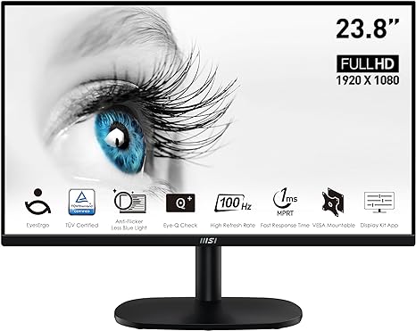 MSI PRO MP245V, 24", 1920 x 1080 (FHD) IPS, FreeSync, HDR Ready, 100Hz, TUV Certified Eyesight Protection, 1ms, VGA, HDMI