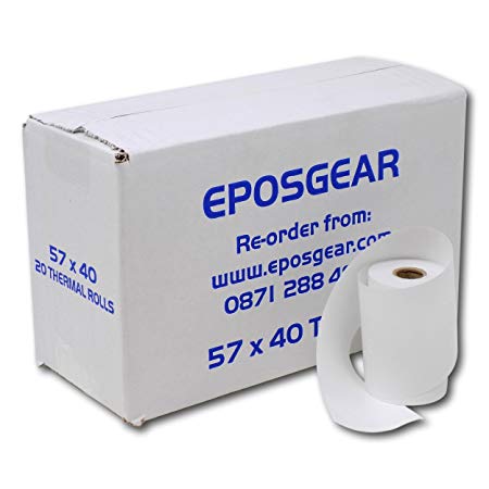 EPOSGEAR® ~ 20 Rolls ~ 57mm x 40mm 57x40 Thermal Credit Card Till Rolls - (Made in the UK)