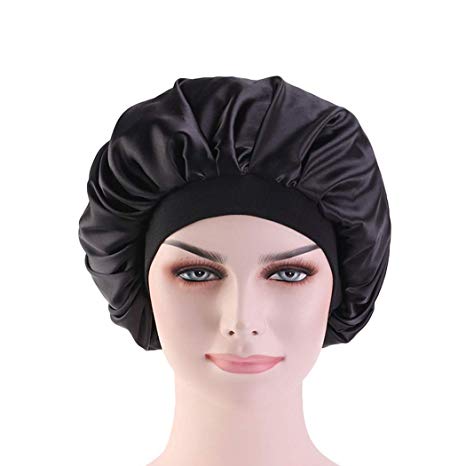 DuoZan Women’s Large Solid Satin Bonnet Elastic Band Satin Turban Shower Cap Night Sleep Hat Hair Loss (Black)