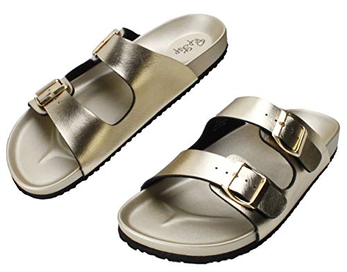 Pepstep Buckle Strap Sandals for Women Super Lightweight and Comfortable Golden/Black Womens Footbed Slide Sandals